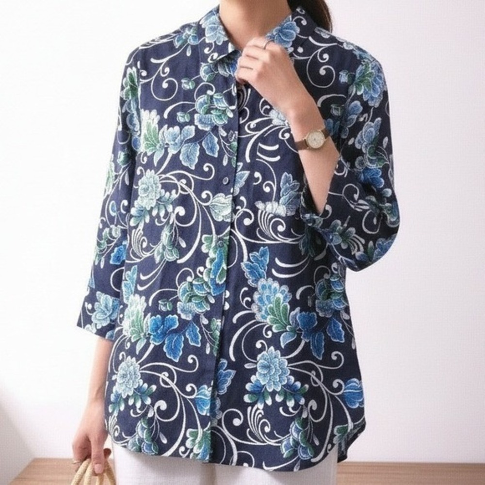 Navy Blue Floral Button Down Shirt Womens‎ 1 Linen Blend Chico's
